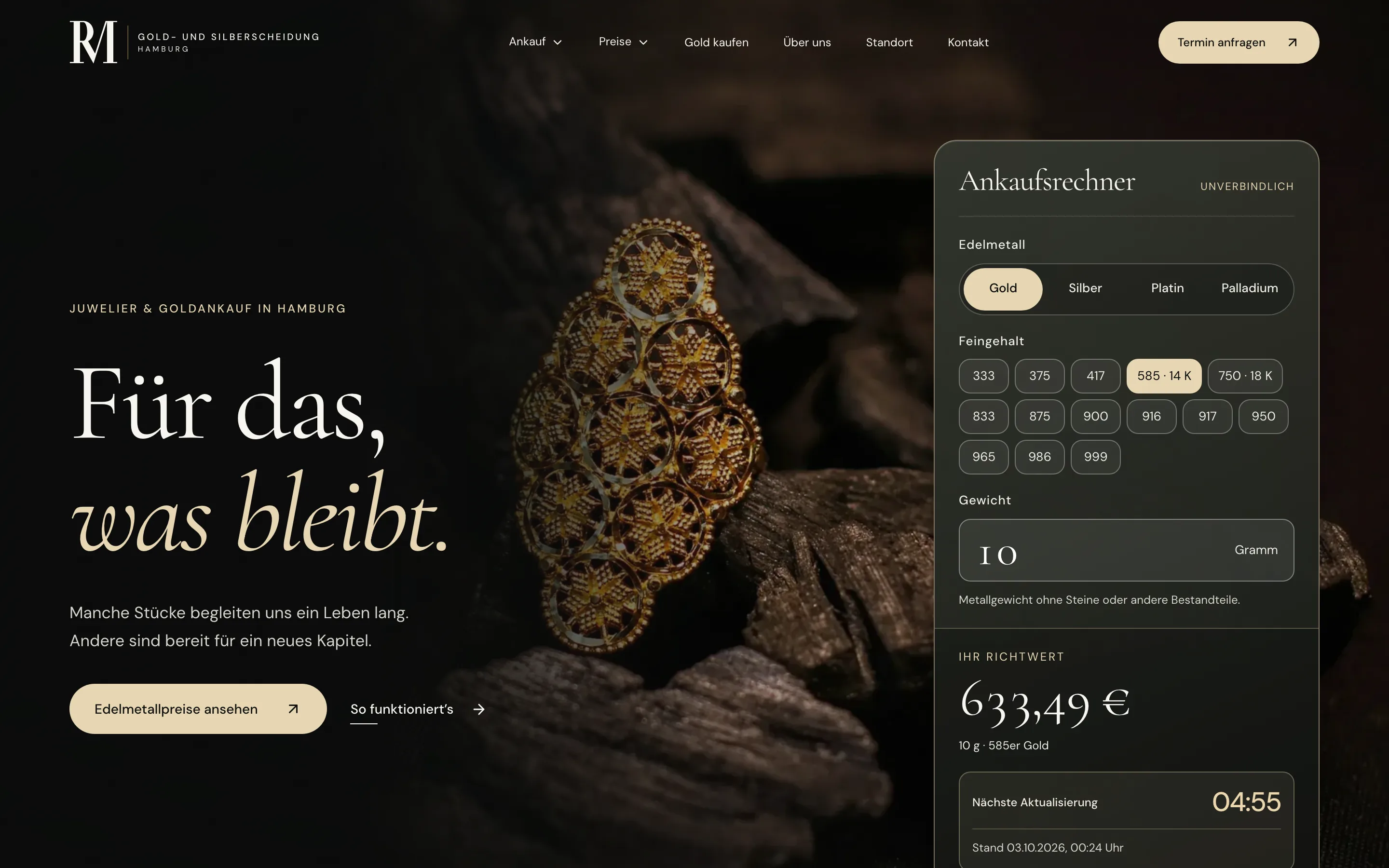RM Gold — Website by WebMo Kiel (Desktop-Ansicht)