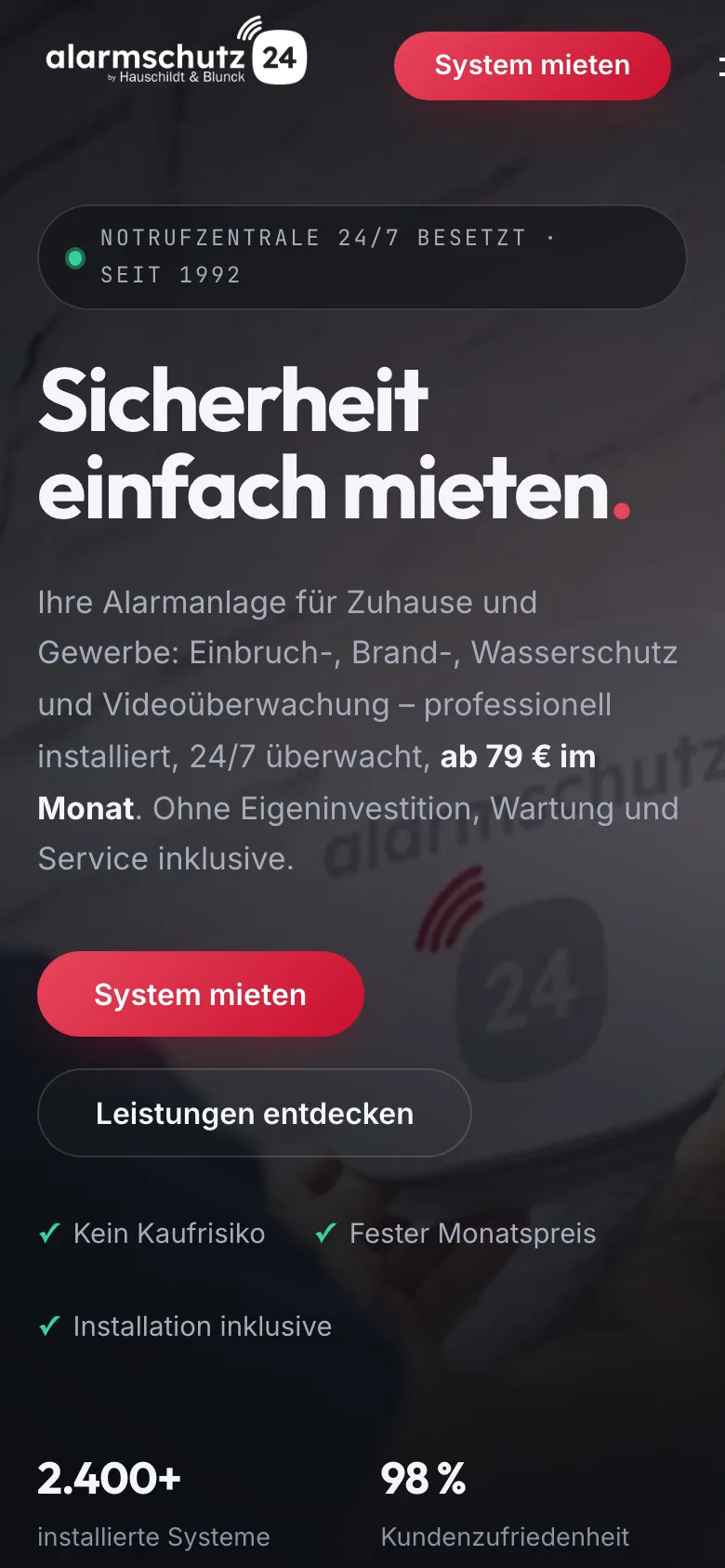 Alarmschutz24 — Website by WebMo Kiel (Mobile-Ansicht)